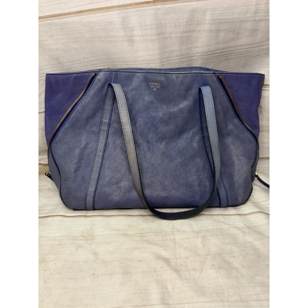 Fossil SHB1398 Blue Goat Leather Tote Shoulder Bag Zip‎ Top Large Issue 1954